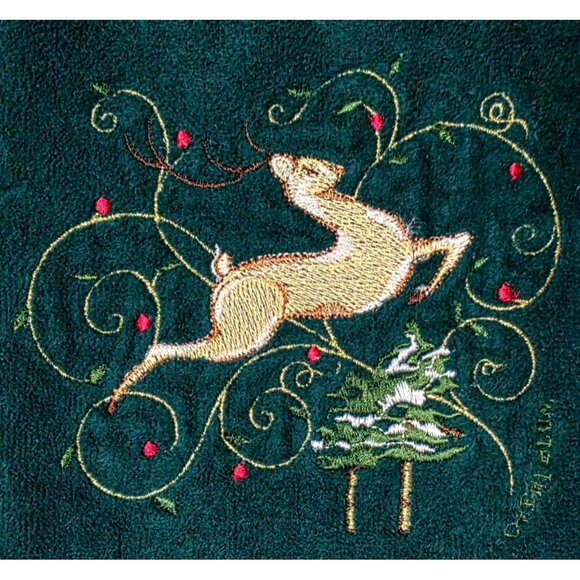 Cheri Blum Holiday Hand Towel Dark Green Gold Embroidered Deer Tree Christmas - Picture 3 of 8